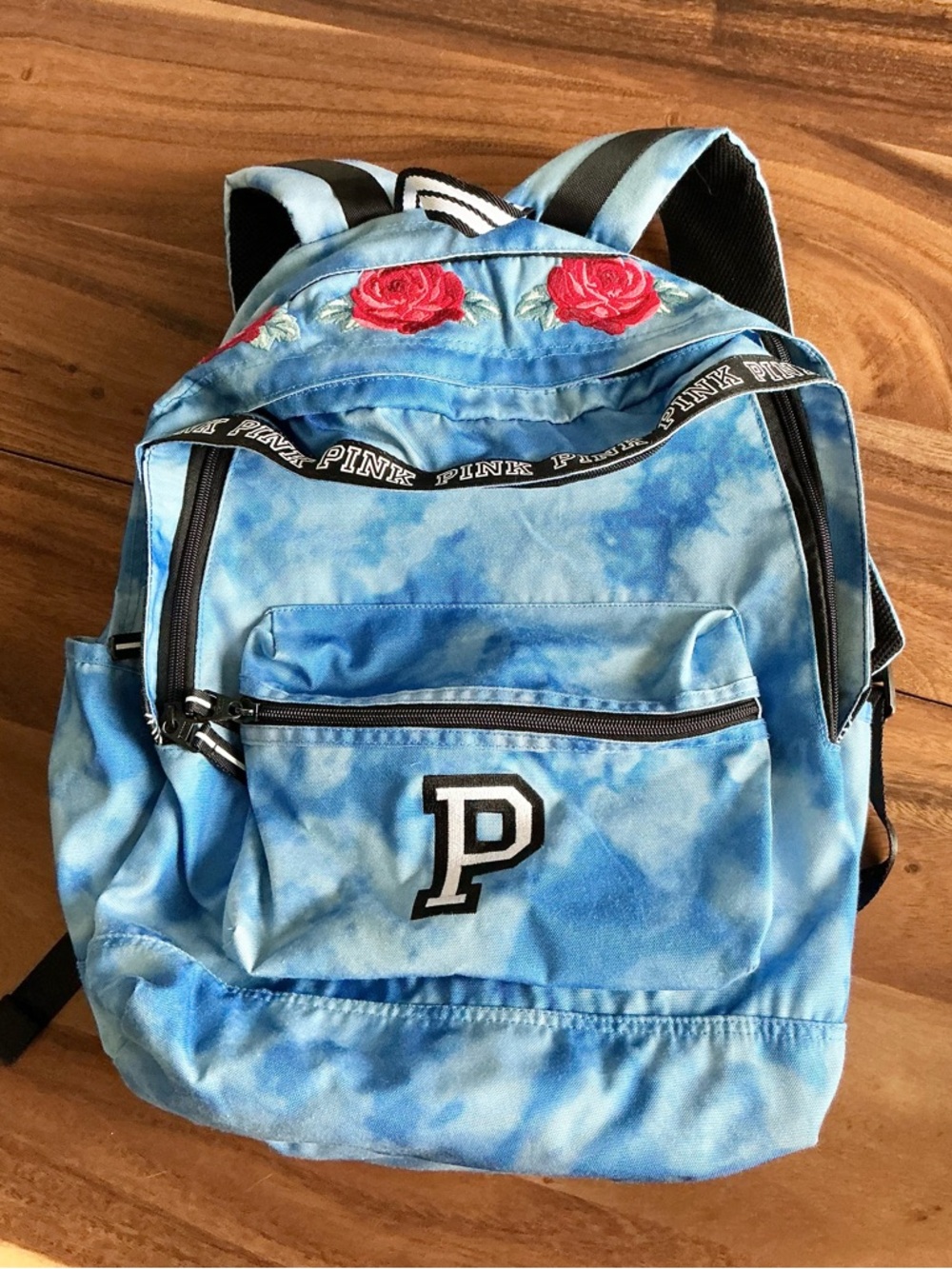 PINK Victoria's Secret Blue Tie-Dye Campus Backpack with Red Rose Embroidery